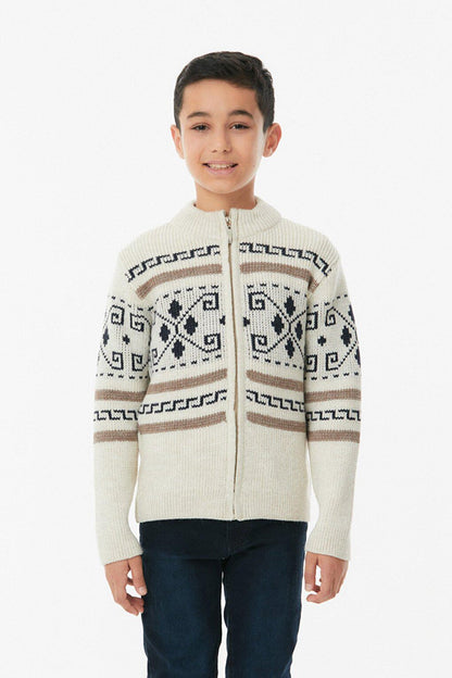 Patterned High Collar Boy's Cardigan