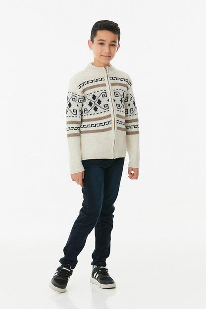 Patterned High Collar Boy's Cardigan