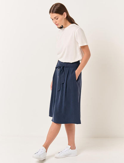 Navy Blue High Waist Belted Midi Skirt