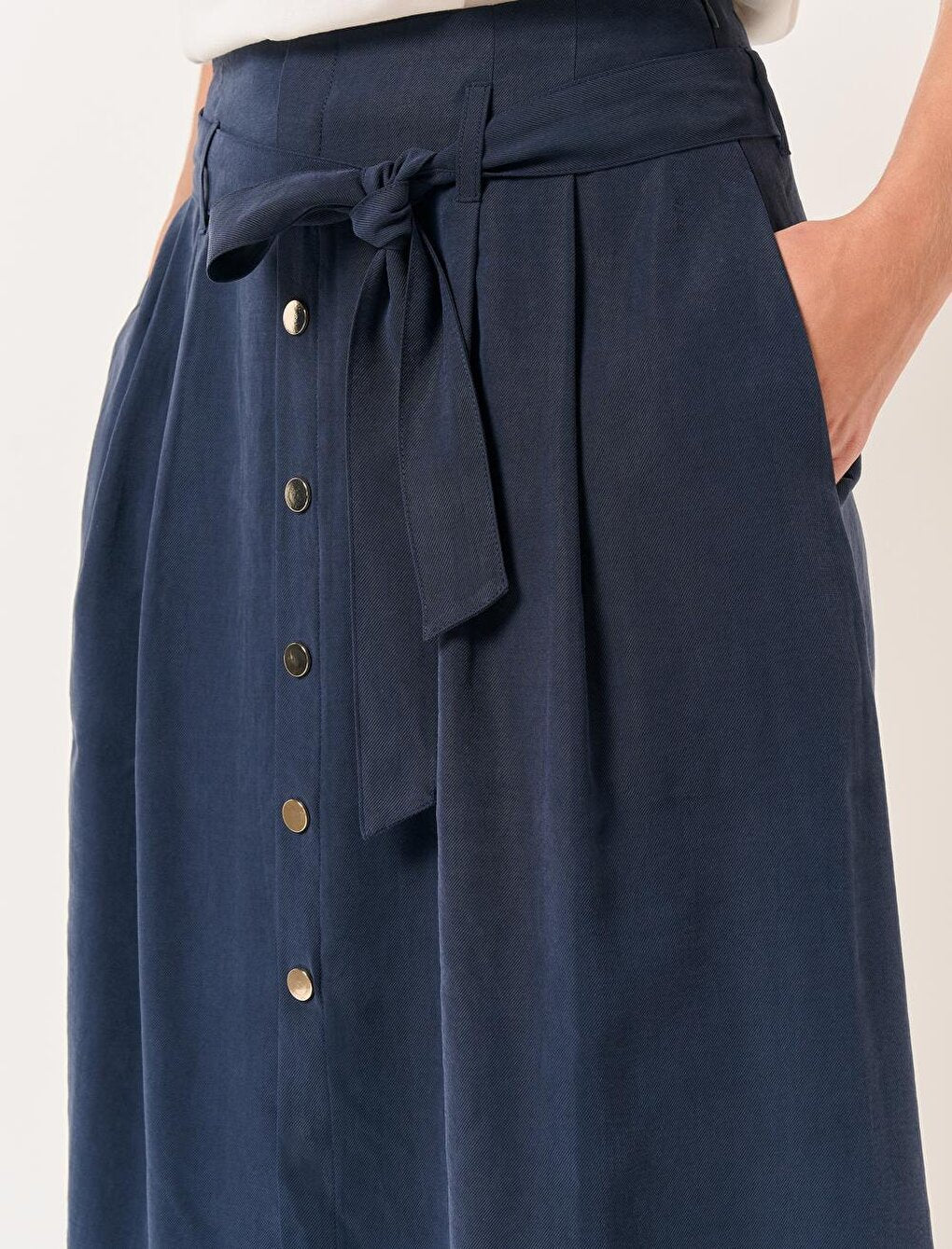 Navy Blue High Waist Belted Midi Skirt