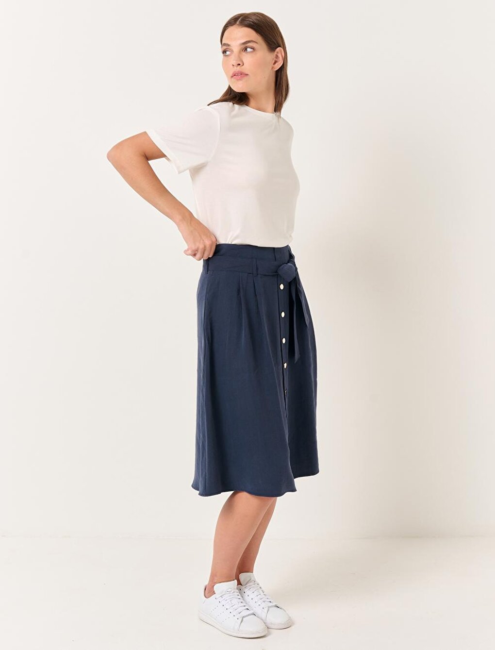 Navy Blue High Waist Belted Midi Skirt