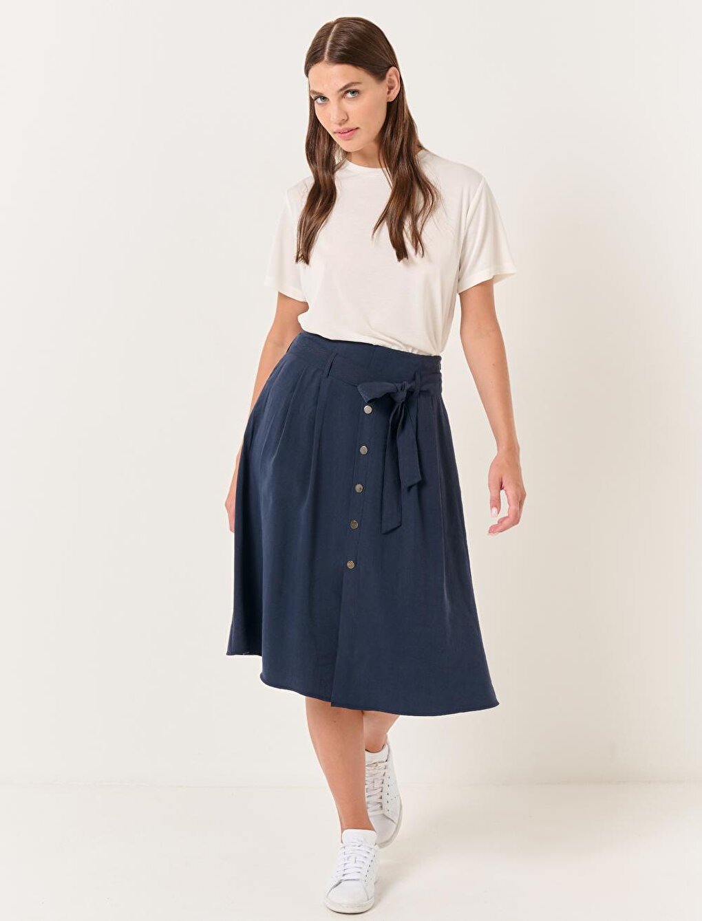 Navy Blue High Waist Belted Midi Skirt