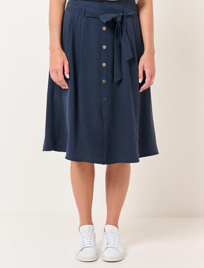 Navy Blue High Waist Belted Midi Skirt