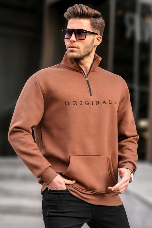 Brown Zipper Collar Embroidered Sweatshirt 6028