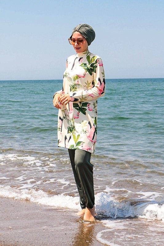 4-Piece Khaki Flamingo Patterned Full Coverage Hijab Swimsuit with Rope Tie 1966