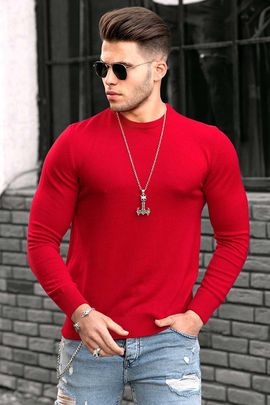 Red Crew Neck Basic Knitwear Sweater 4673