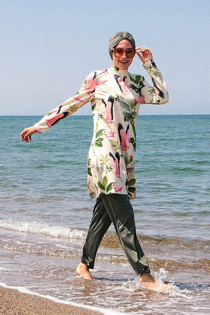 4-Piece Khaki Flamingo Patterned Full Coverage Hijab Swimsuit with Rope Tie 1966