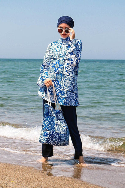 Marina Swimsuit Rope Tied 4-Piece Navy Blue Tile Patterned Fully Covered Hijab Swimsuit 1950