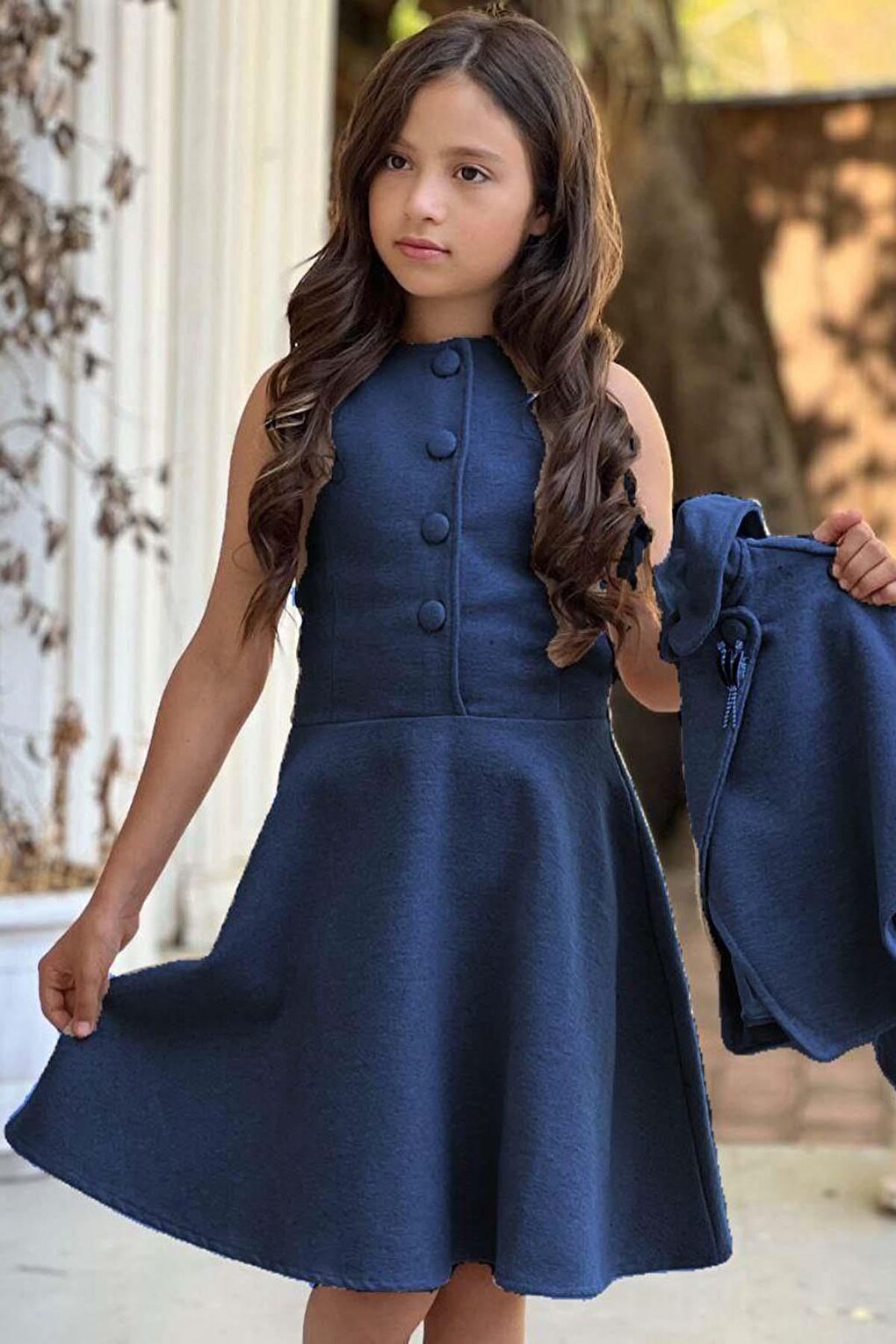 Girl's Sleeveless Stash Navy Blue Dress with Buttons on the Front and Side Zipper Detail