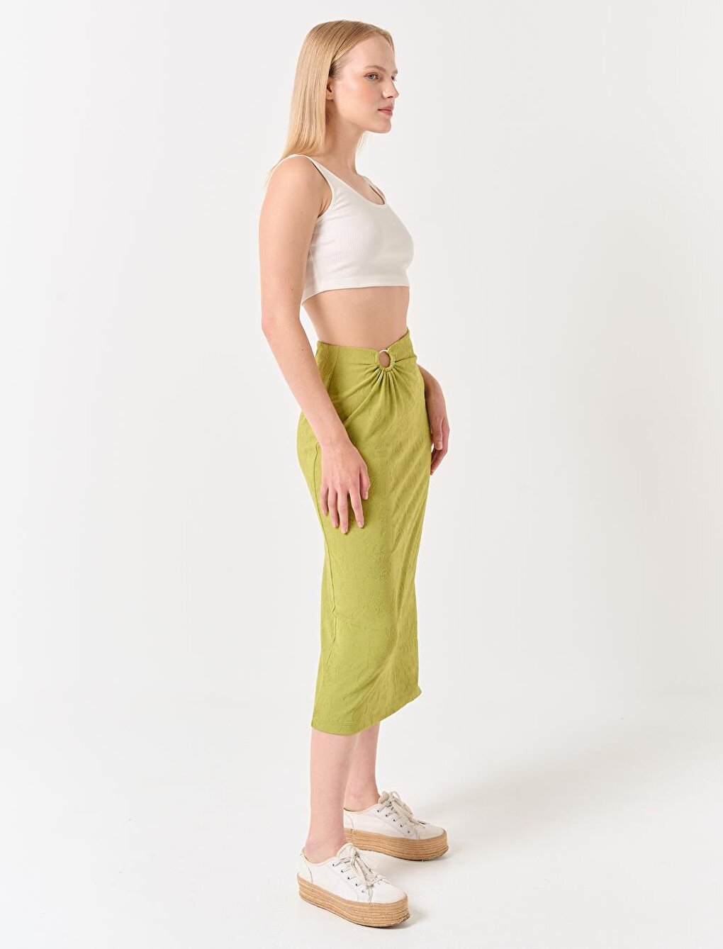 Pistachio Green High Waist Hoop Detailed Midi Skirt