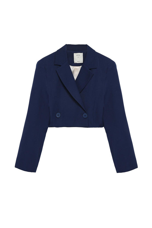 Double Breasted Crop Blazer Jacket Navy Blue