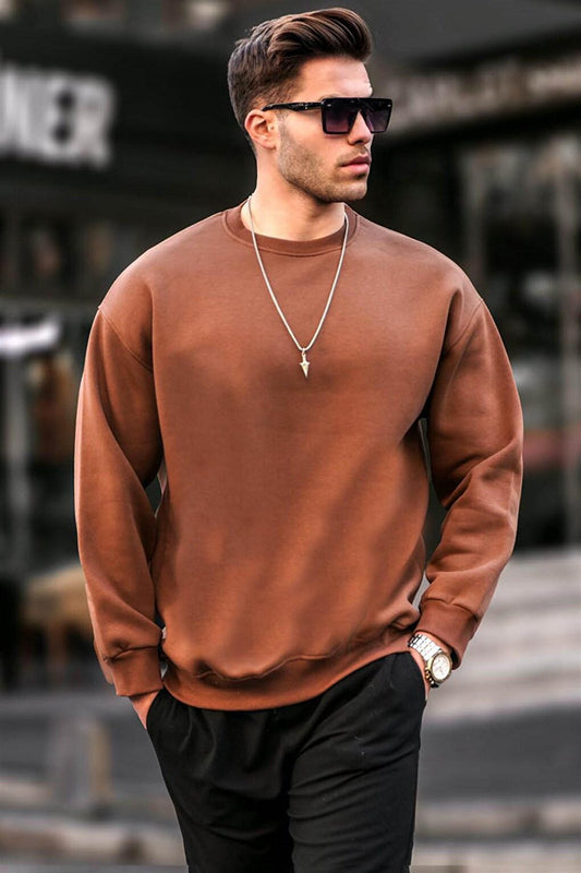 Brown Crew Neck Oversize Basic Men's Sweatshirt 6048