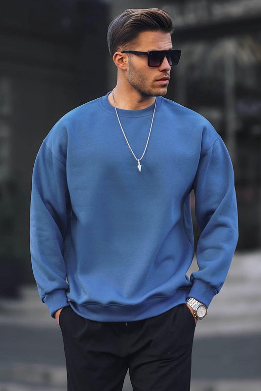 Indigo Crew Neck Oversize Basic Men's Sweatshirt 6048