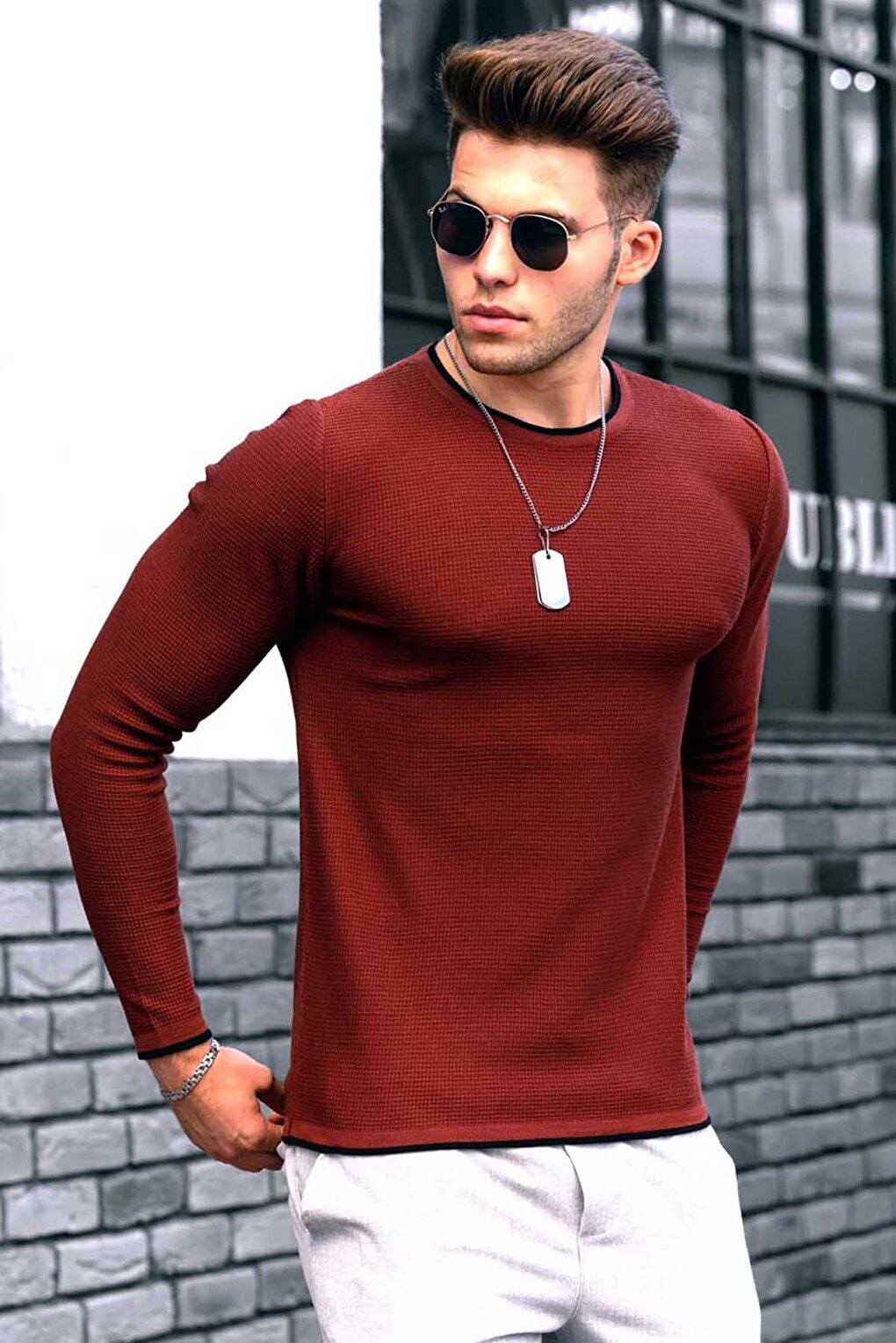 Claret Red Crew Neck Men's Knitwear Sweater 4637