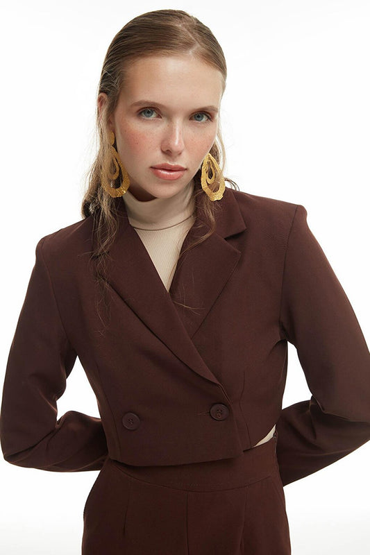 Double Breasted Crop Blazer Jacket Brown