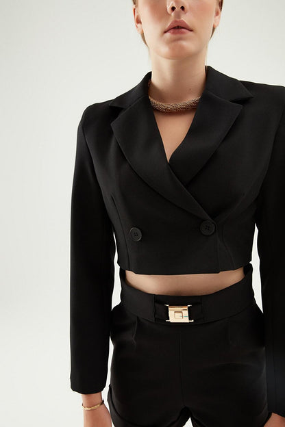 Double Breasted Crop Blazer Jacket Black