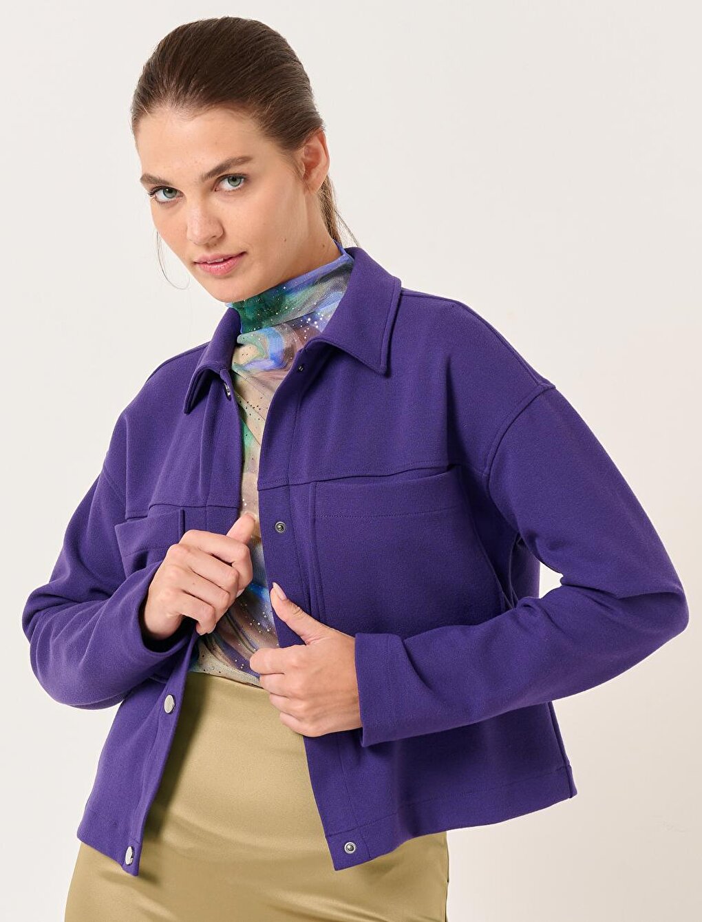 Dark Purple Long Sleeve Short Jacket with Pockets