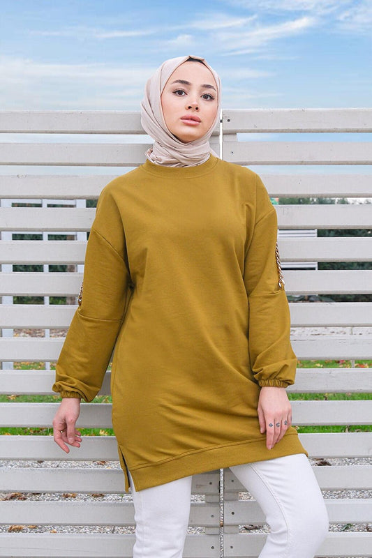 Tunic with Chain Detail on Shoulders Oil Green