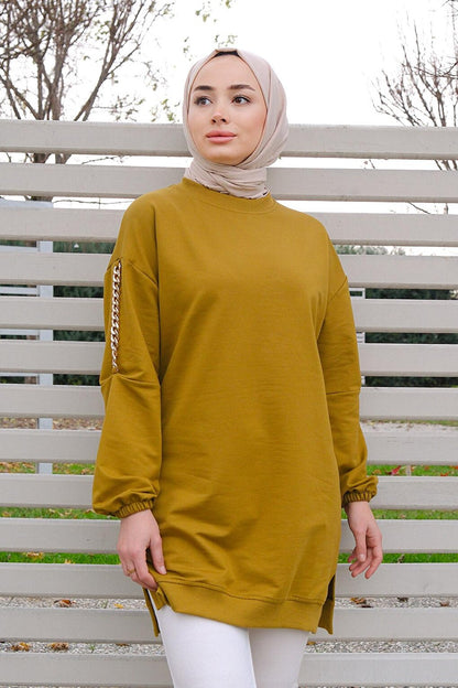 Tunic with Chain Detail on Shoulders Oil Green