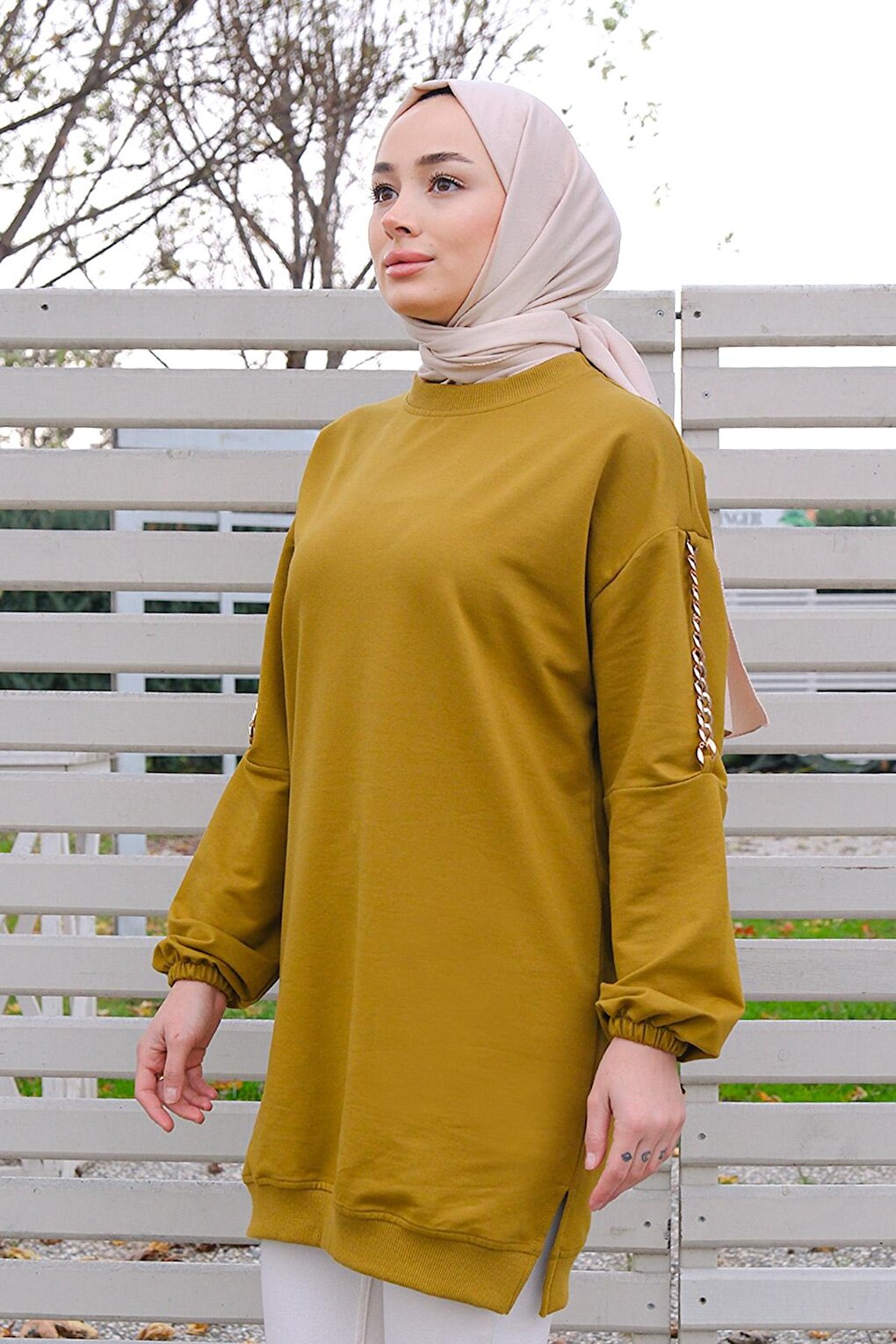 Tunic with Chain Detail on Shoulders Oil Green