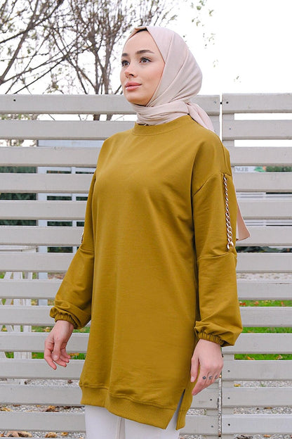 Tunic with Chain Detail on Shoulders Oil Green