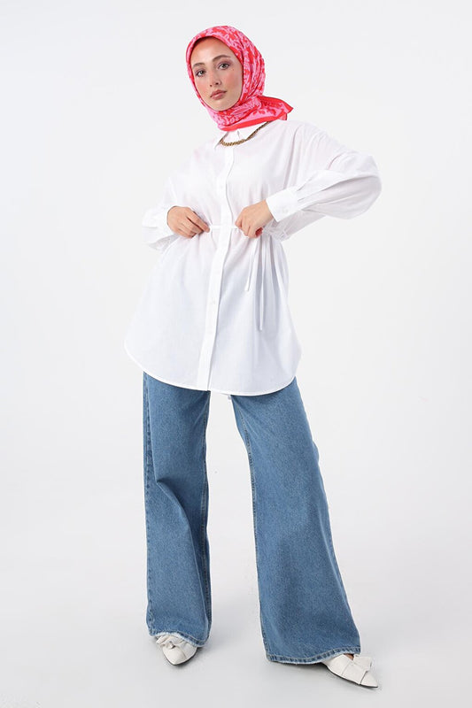 White 100% Cotton Oversize Pleated Back Belted Shirt Tunic