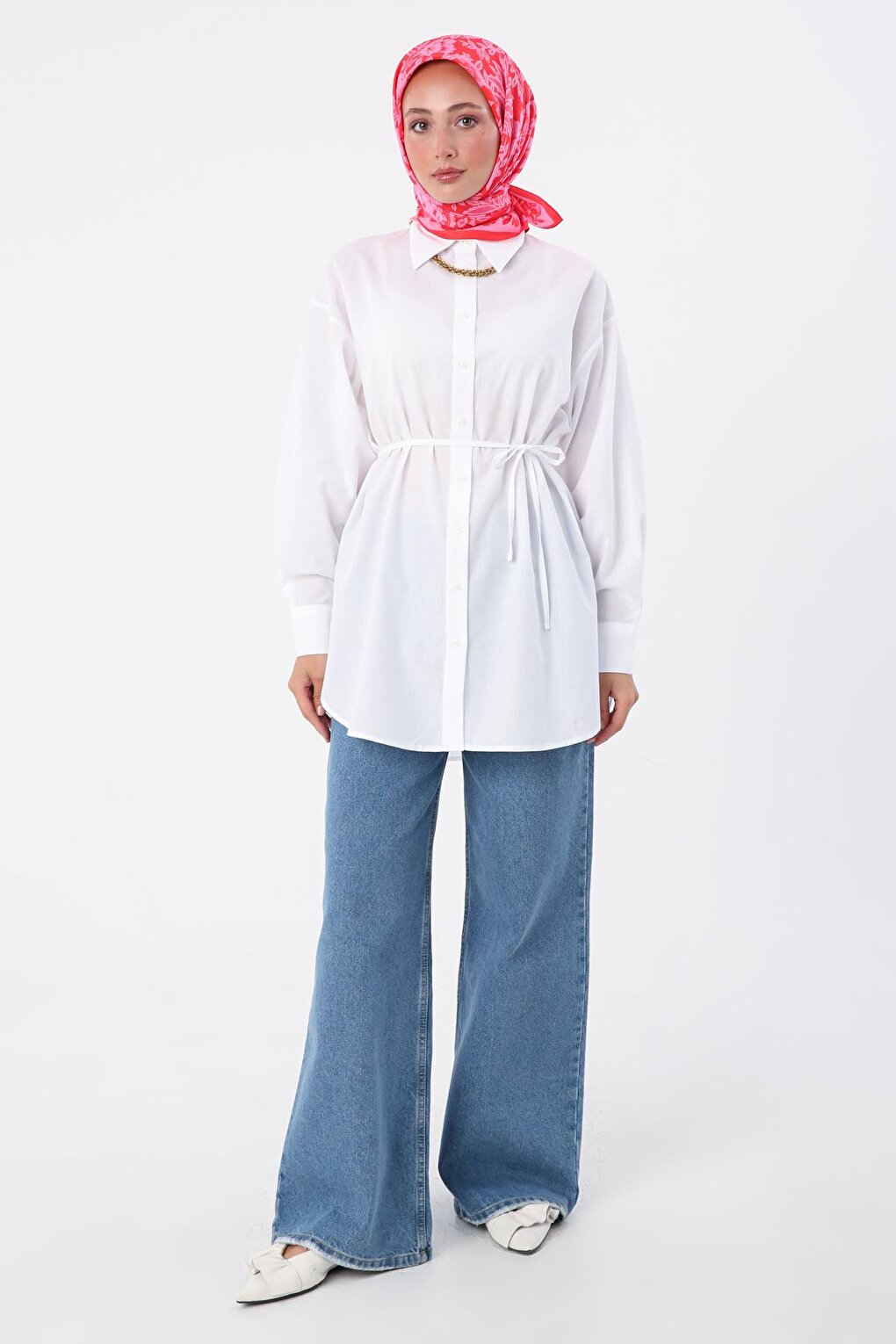 White 100% Cotton Oversize Pleated Back Belted Shirt Tunic