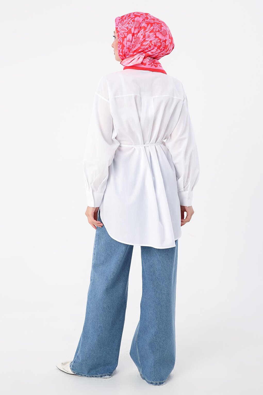 White 100% Cotton Oversize Pleated Back Belted Shirt Tunic