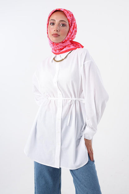 White 100% Cotton Oversize Pleated Back Belted Shirt Tunic