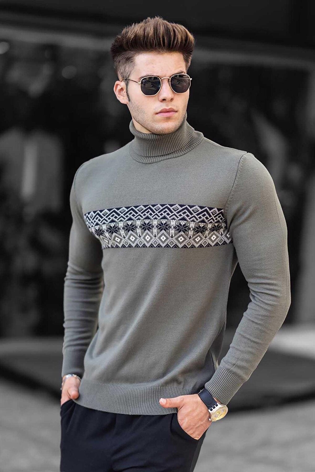 Khaki Patterned Turtleneck Sweater 4690