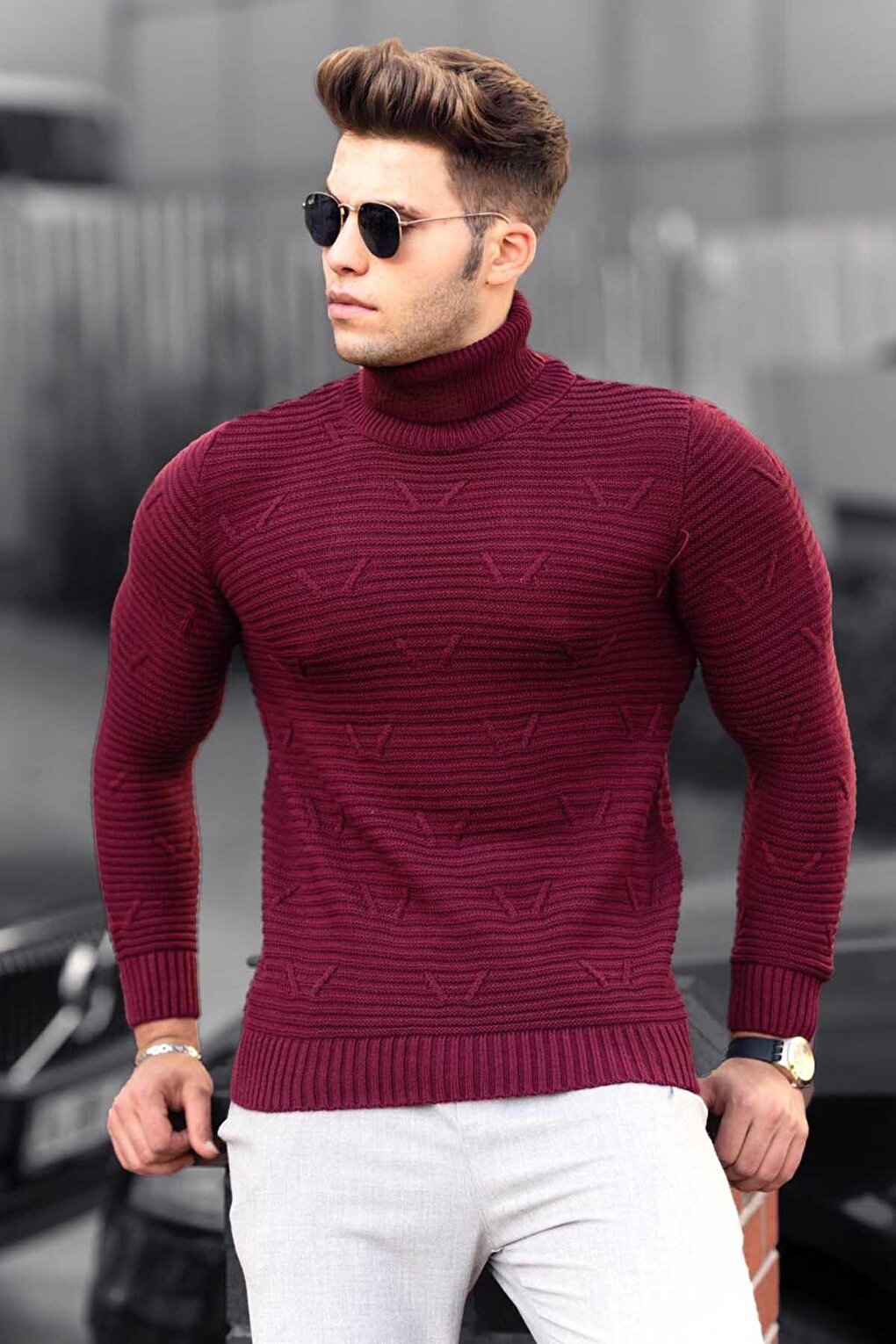 Claret Red Patterned Turtleneck Sweater 4689