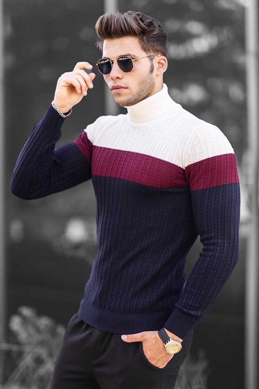 Color Blocked White Turtleneck Sweater 4678