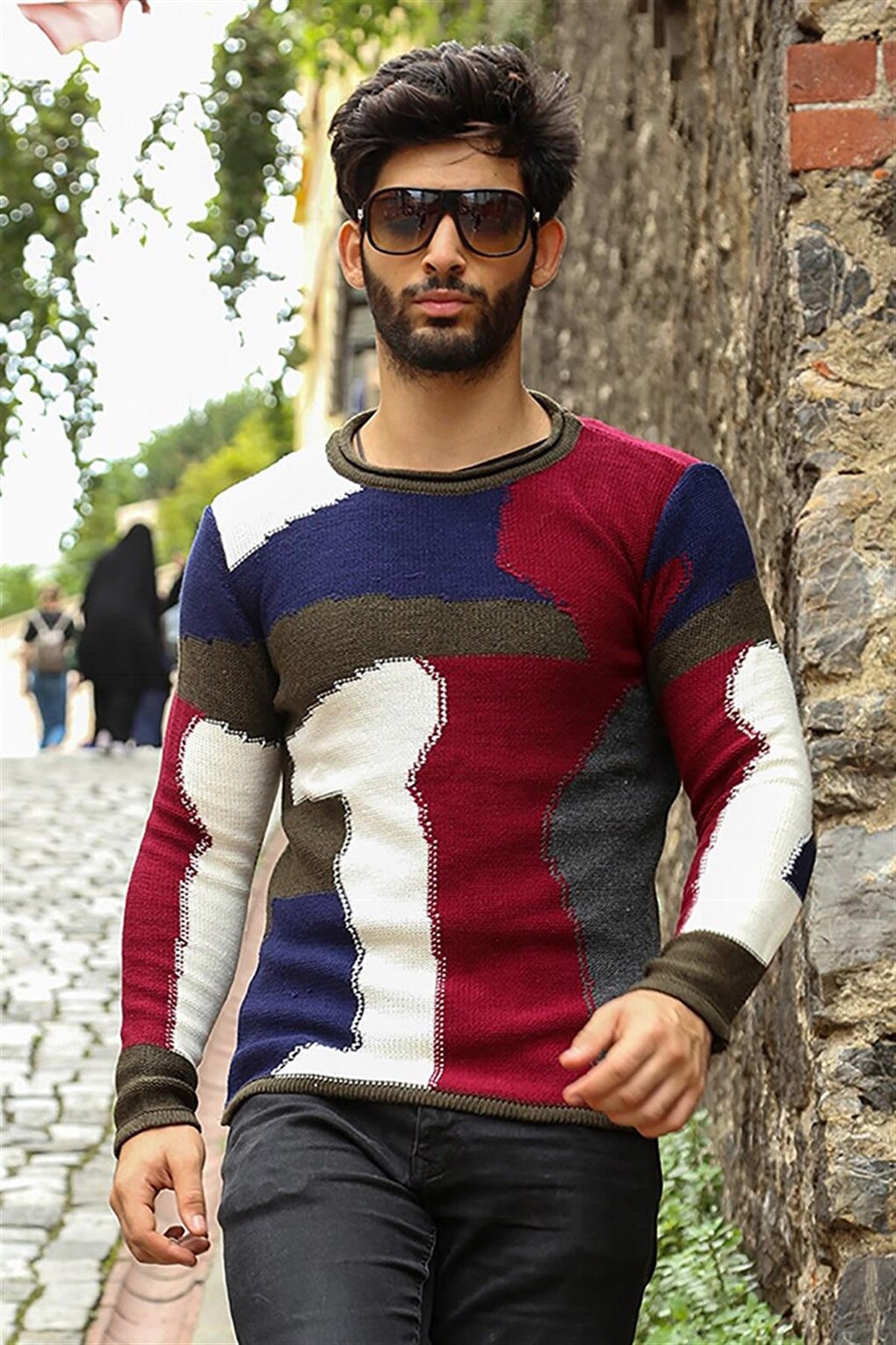 2803 Patch Patterned Sweater - Crew Neck Khaki