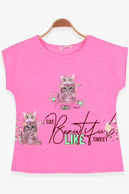 Girl's T-Shirt Cat Printed Neon Pink (Age 9)