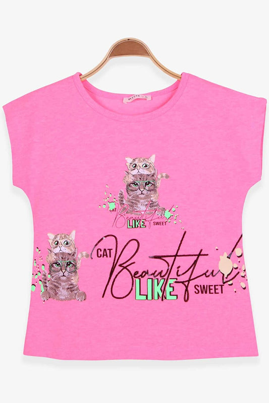 Girl's T-Shirt Cat Printed Neon Pink (Age 9)