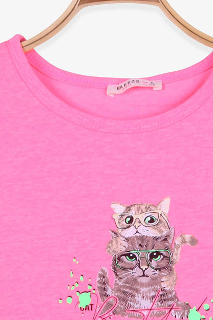 Girl's T-Shirt Cat Printed Neon Pink (Age 9)