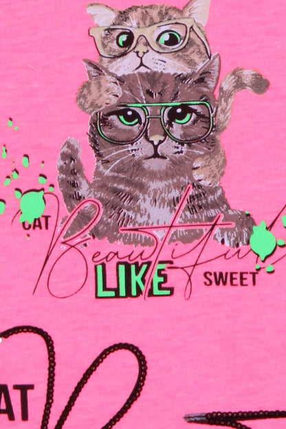 Girl's T-Shirt Cat Printed Neon Pink (Age 9)