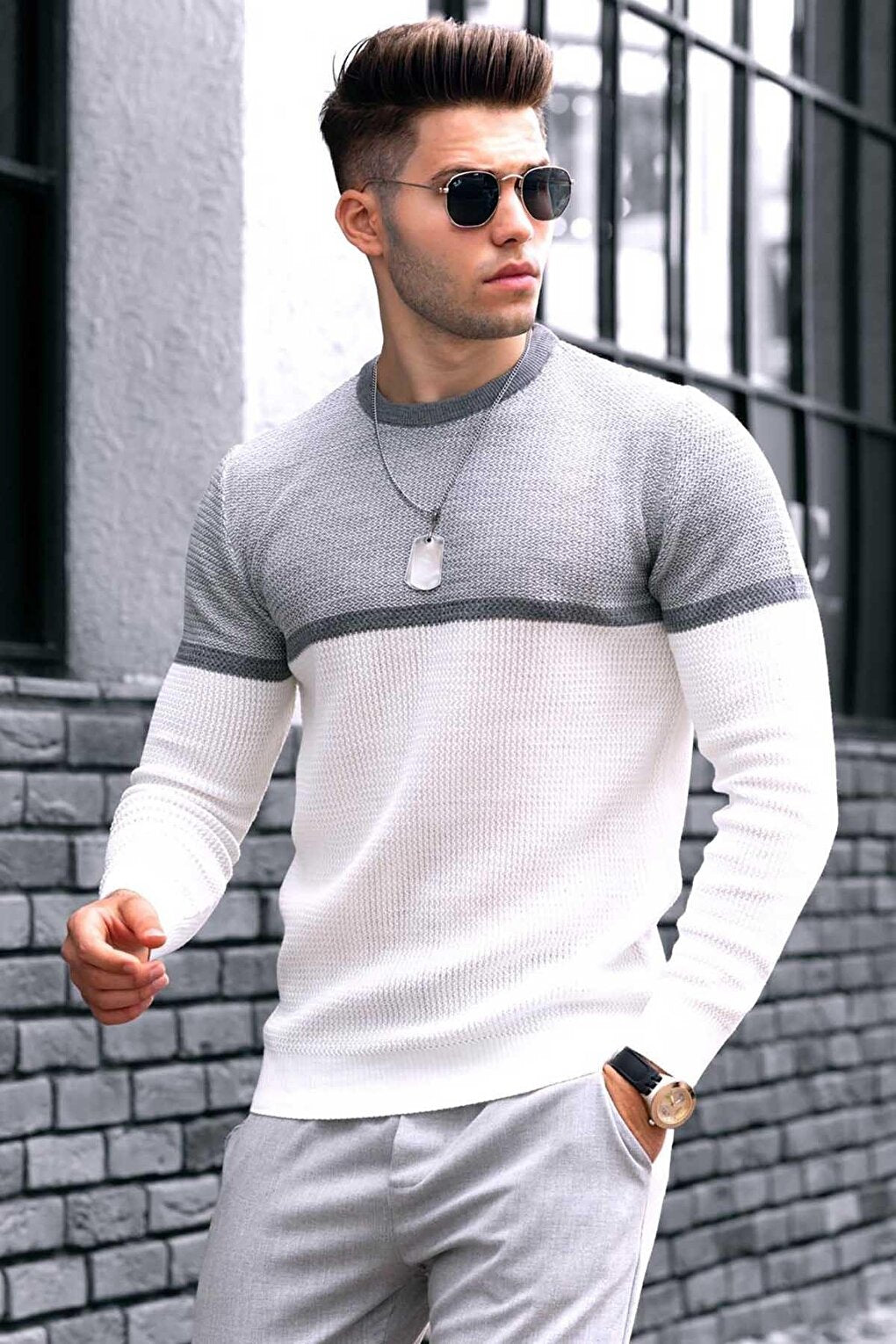 White Color Block Men's Sweater 4734