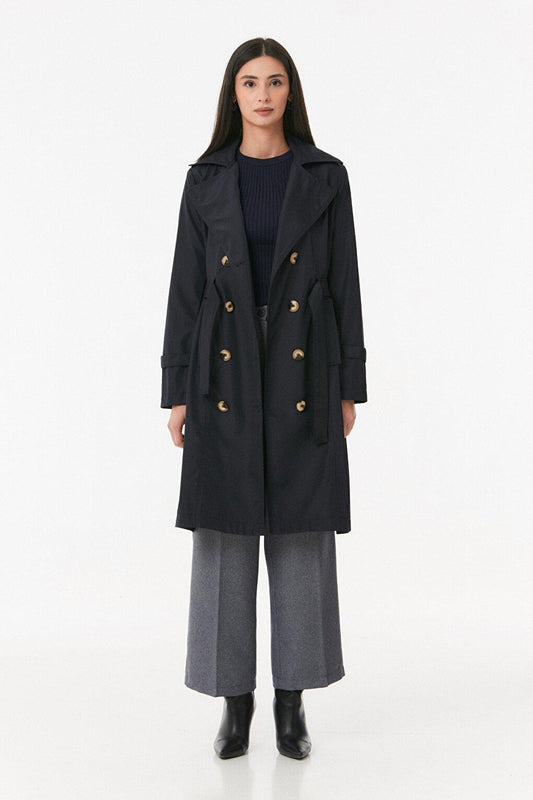 Double Breasted Collar Trench Coat with Tie Waist