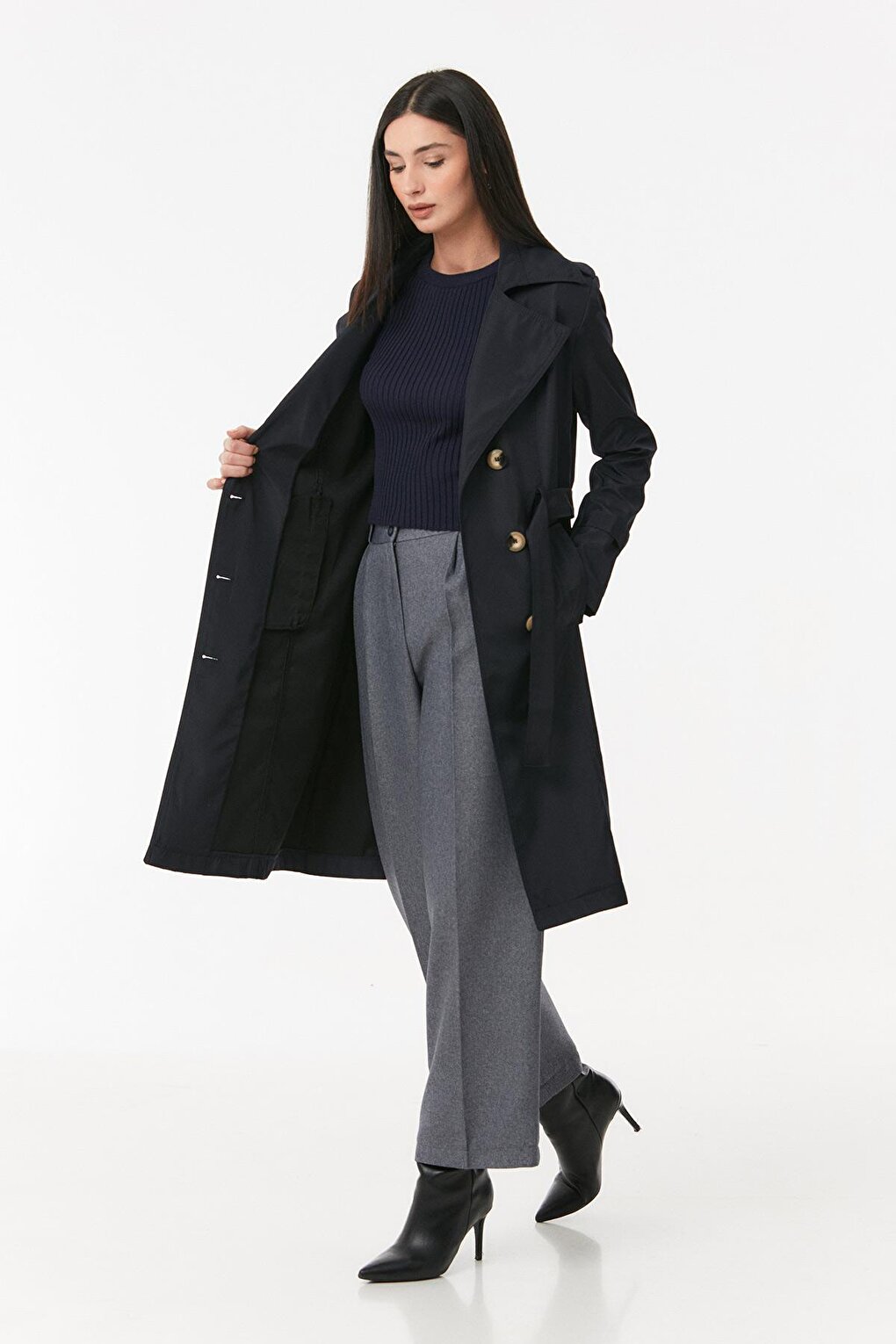 Double Breasted Collar Trench Coat with Tie Waist