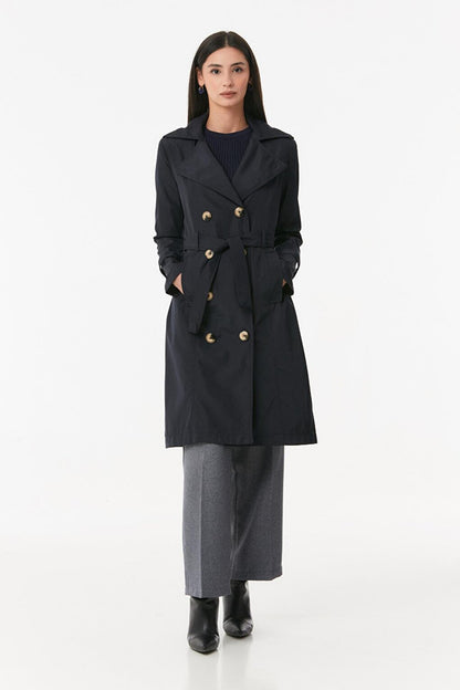 Double Breasted Collar Trench Coat with Tie Waist