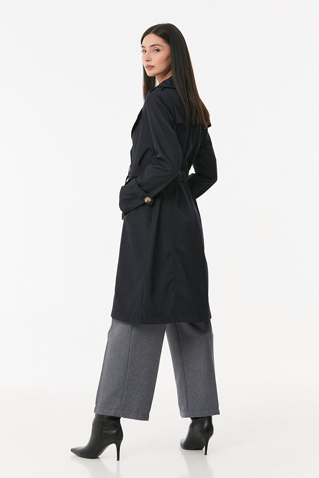 Double Breasted Collar Trench Coat with Tie Waist