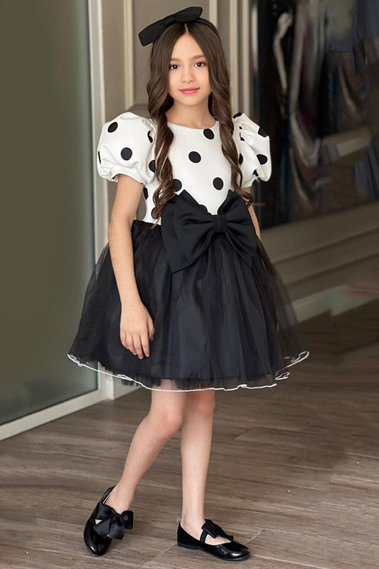 Girl's Black Dress with Balloon Sleeves, Polka Dot Skirt, Fluffy Tulle and Bow Detail, Age 2-12