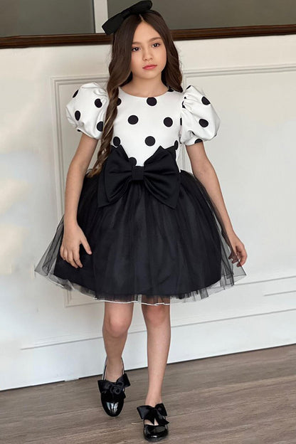 Girl's Black Dress with Balloon Sleeves, Polka Dot Skirt, Fluffy Tulle and Bow Detail, Age 2-12