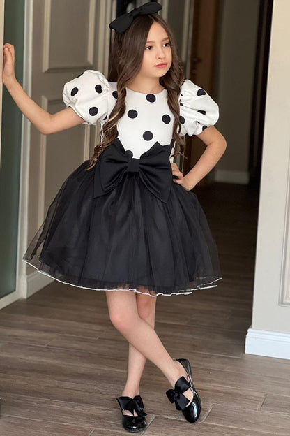 Girl's Black Dress with Balloon Sleeves, Polka Dot Skirt, Fluffy Tulle and Bow Detail, Age 2-12