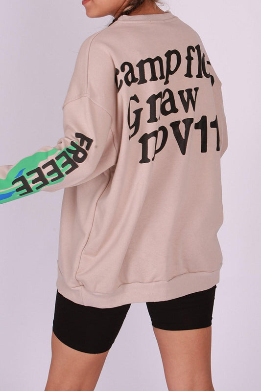 Beige Printed Oversize Sweatshirt Mg1206