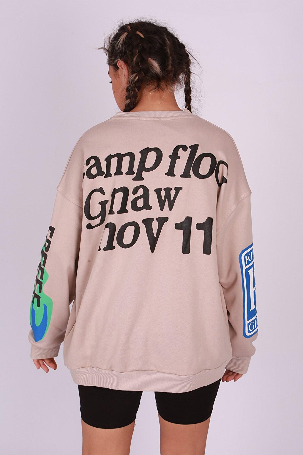 Beige Printed Oversize Sweatshirt Mg1206