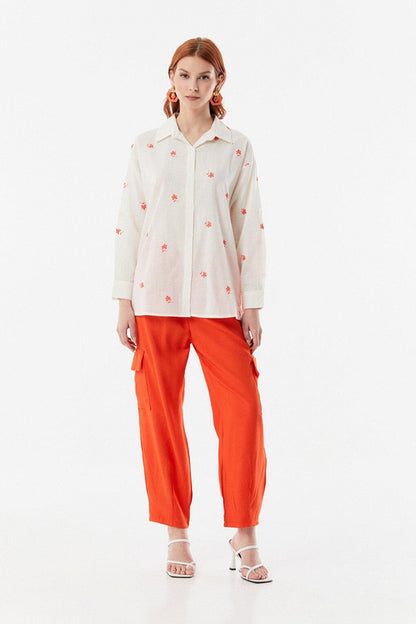 Casual Linen Shirt with Floral Embroidery