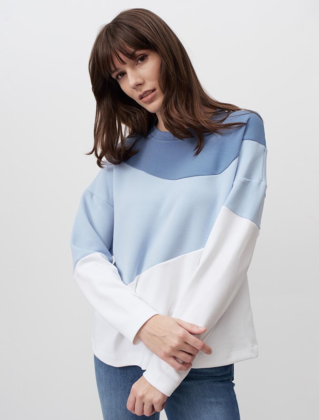 Blue Long Sleeve Color Blocked Sweatshirt