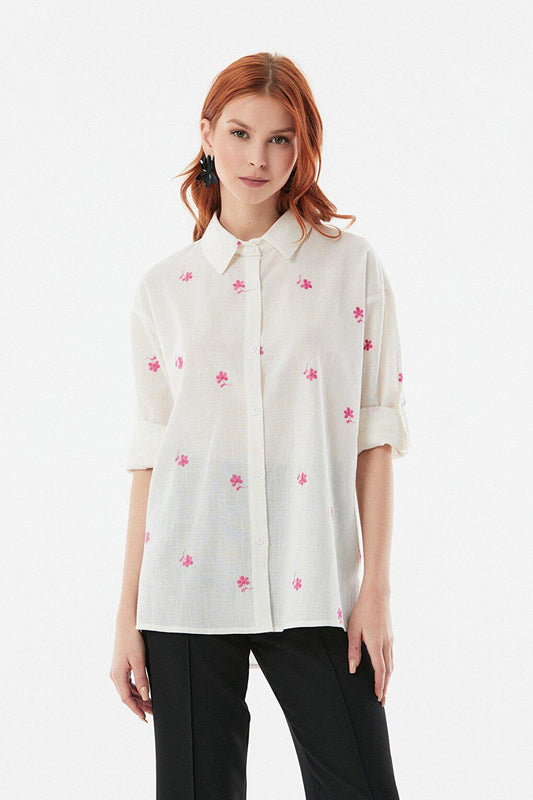 Casual Linen Shirt with Floral Embroidery